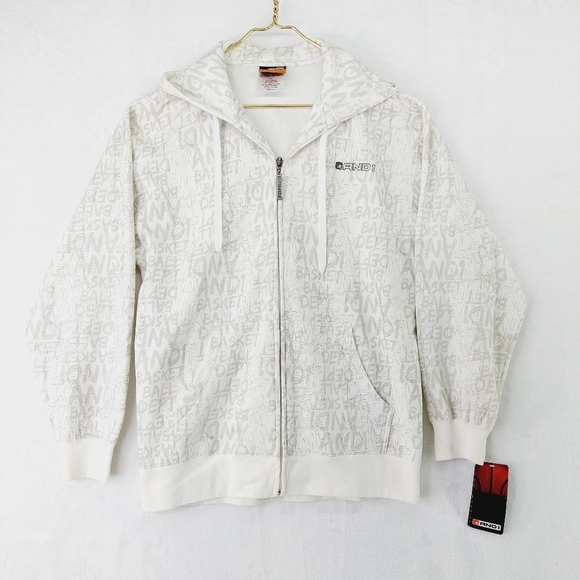 NEW And1 White with Gray Logo Pattern Zip Front Pockets Hooded Sweatshirt Z16 - Picture 1 of 8